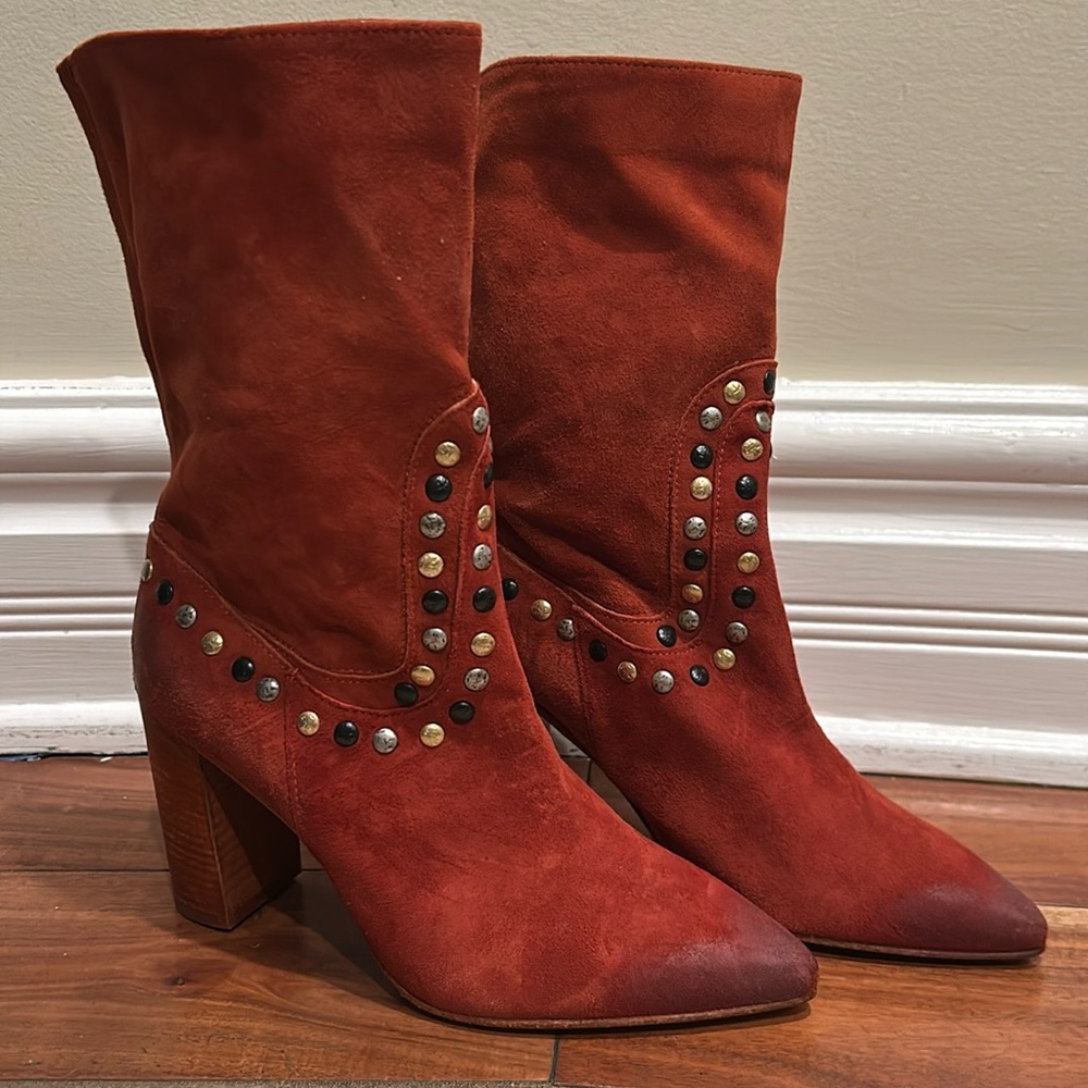 Free People Dakota Studded Suede Western Boot Red /Cinnamon